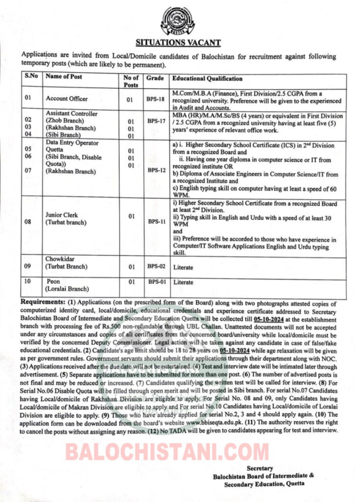 Balochistan Board BBISE Quetta Jobs 2024