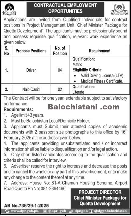 Chief Minister Development Package Balochistan Jobs 2025