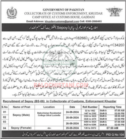 Customs Department Khuzdar Test Interview Schedule 2024