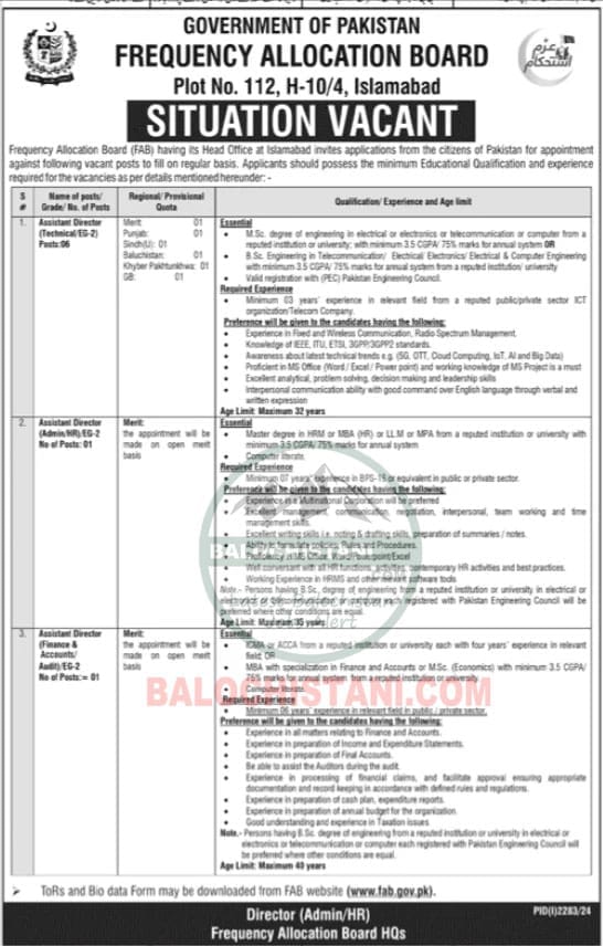 Frequency Allocation Board FAB Islamabad Jobs 2024 Advertisement