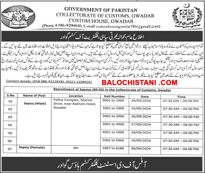 Official Advertisement of Collectorate Of Customs Gawadar Test Interview 2024