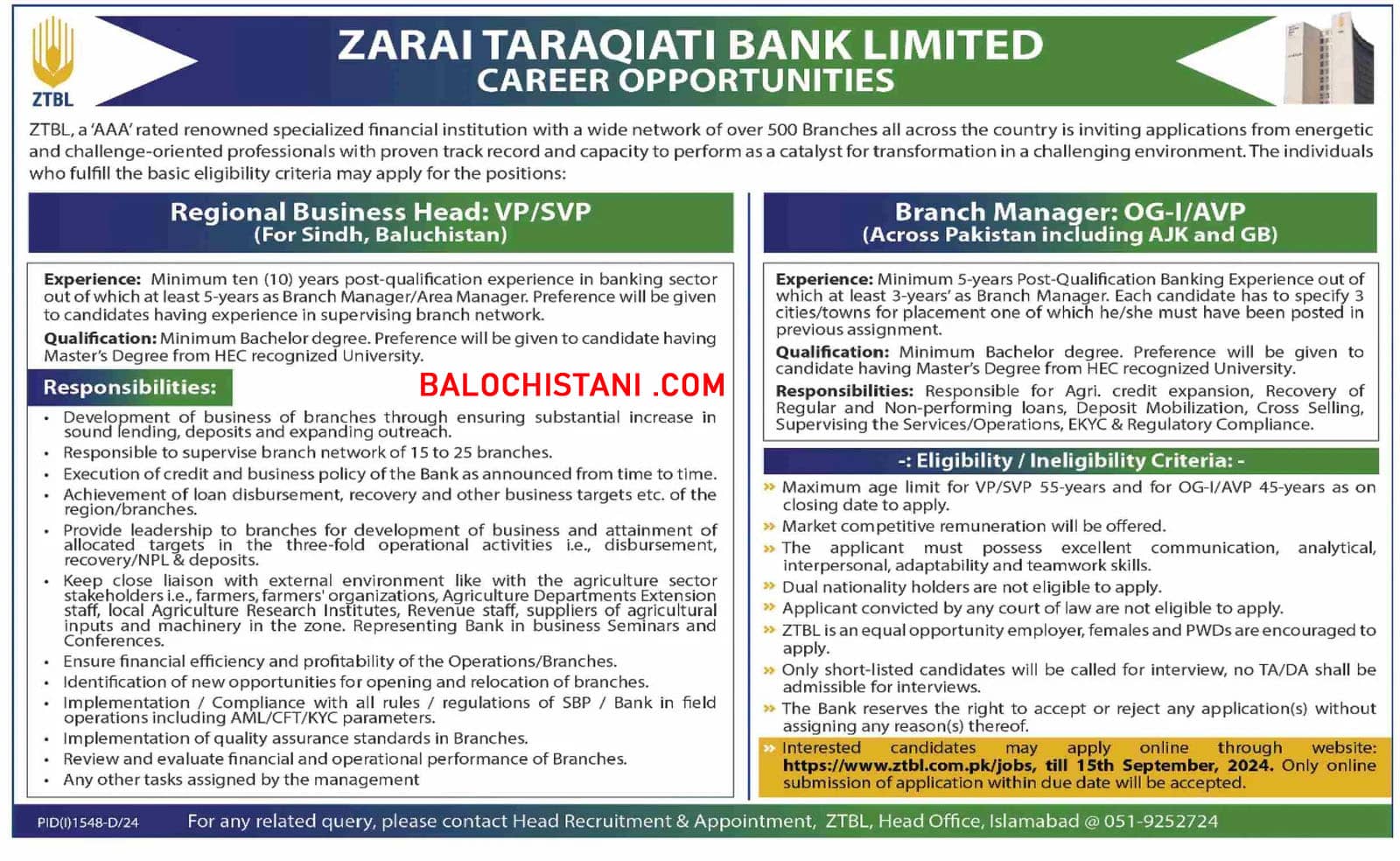 Zarai Taraqiati Bank Limited ZTBL Jobs 2024 Official Advertisement