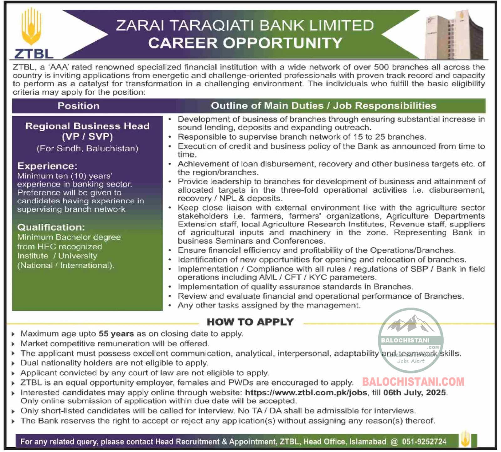 Zarai Taraqiati Bank Limited ZTBL Jobs 2025 Advertisement