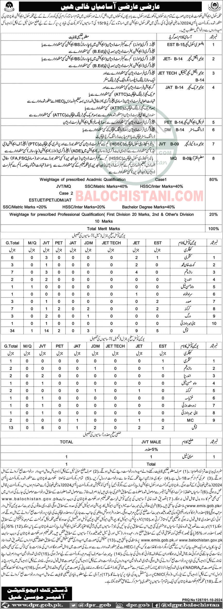 Education Department Musakhel Balochistan Jobs 2024 Advertisement