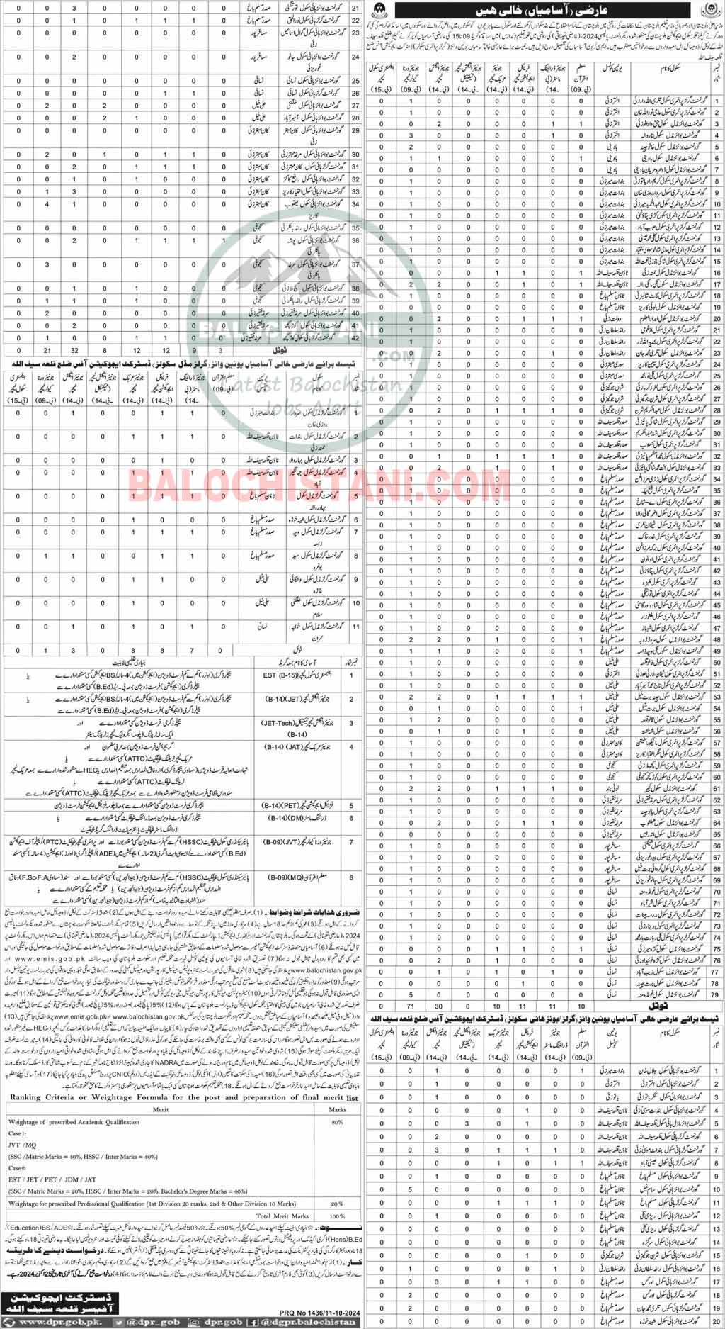 Education Department Qila Saifullah Jobs 2024