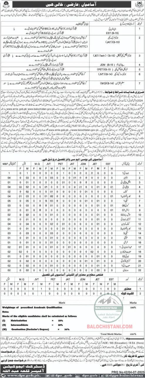 Education Department Qilla Abdullah Jobs 2025 Advertisement