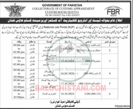 FBR Custom House Taftan Test Interview 2024