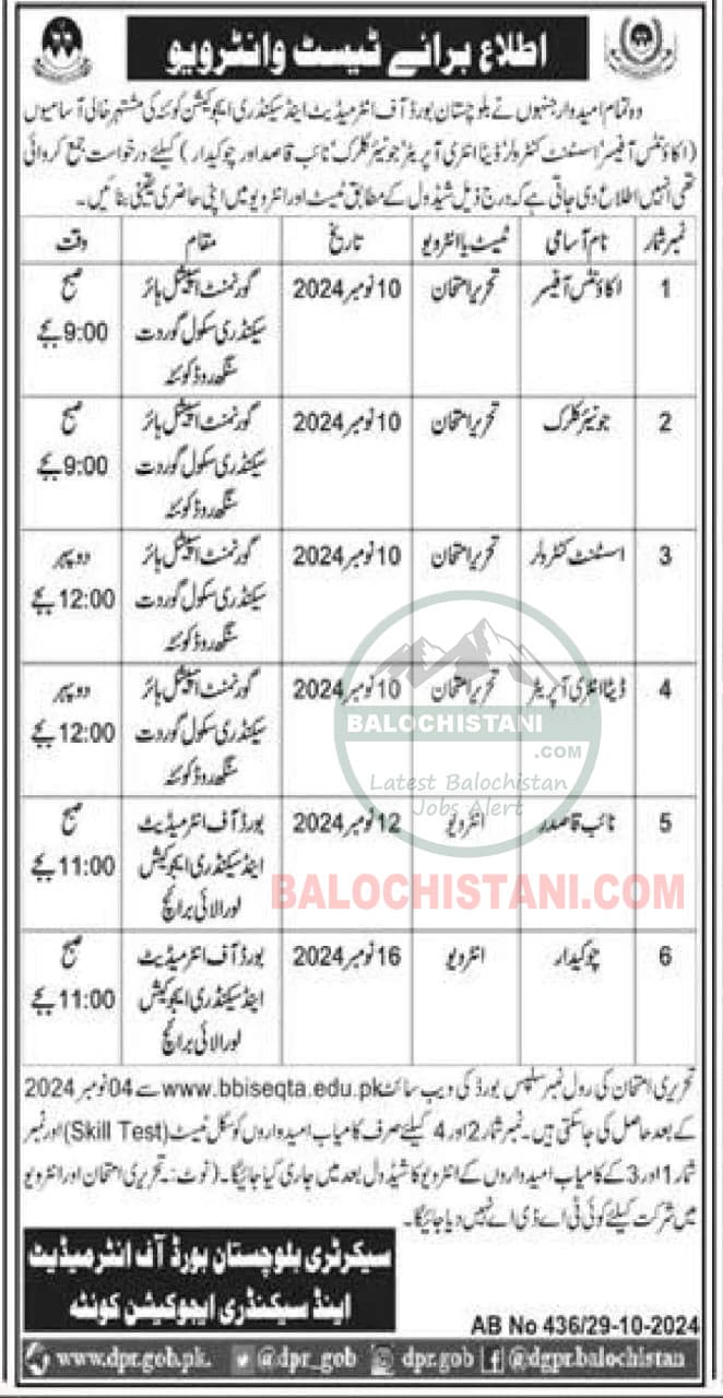Official Advertisement of Balochistan Board BBISE Quetta Test Interview 2024