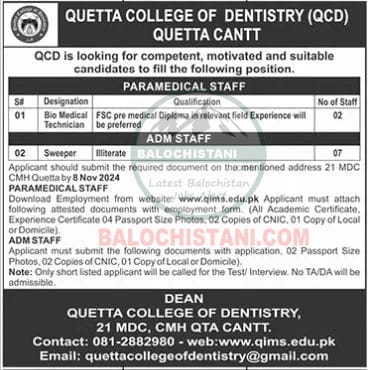 Quetta College of Dentistry QCD Jobs 2024 Advertisement
