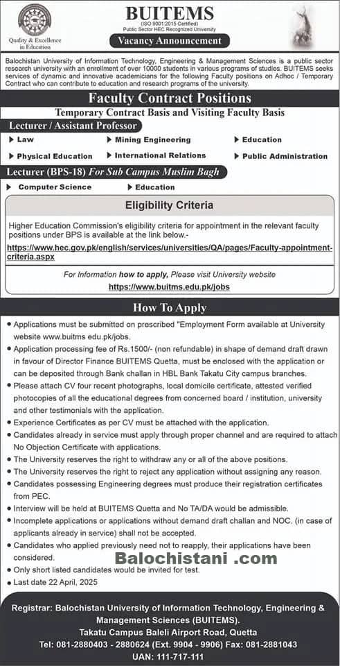 BUITEMS University Quetta Jobs 2025