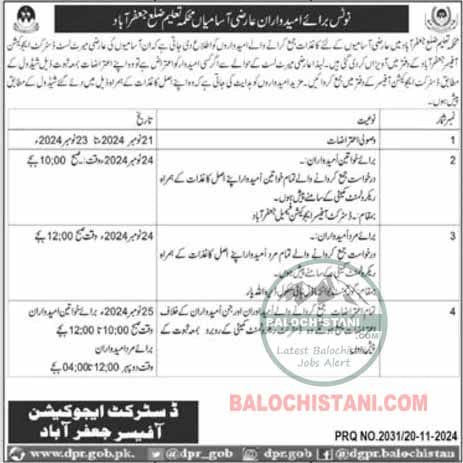 Education Department Jaffarabad Test Interview 2024 Advertisement
