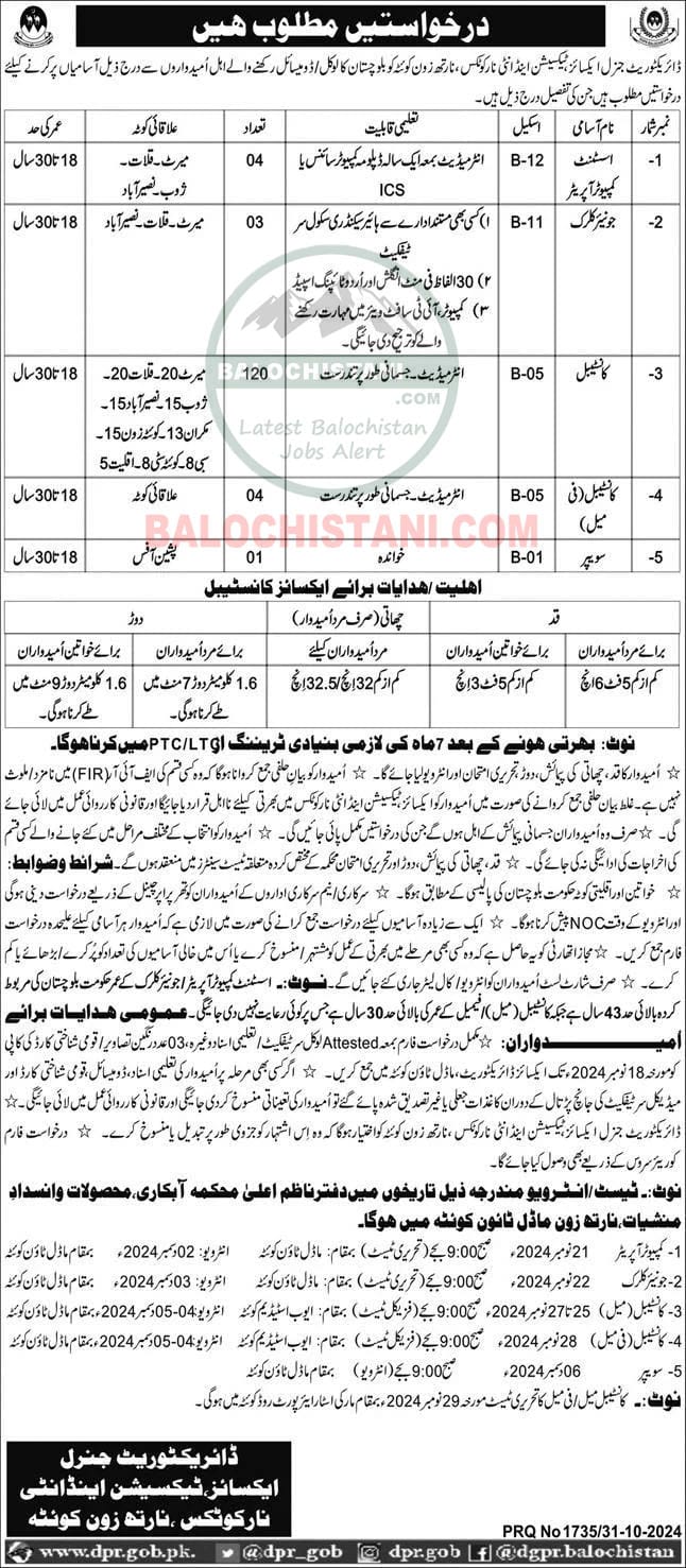 Excise Taxation and Anti Narcotics Balochistan Jobs 2024 Advertisement