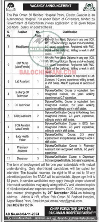 Pak Oman Hospital Pasni Gawadar Jobs 2024 Advertisement