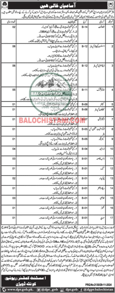 Revenue Department Quetta Jobs 2024 Advertisement