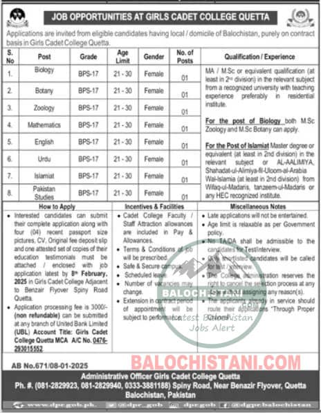 Girls Cadet College Quetta Jobs 2025