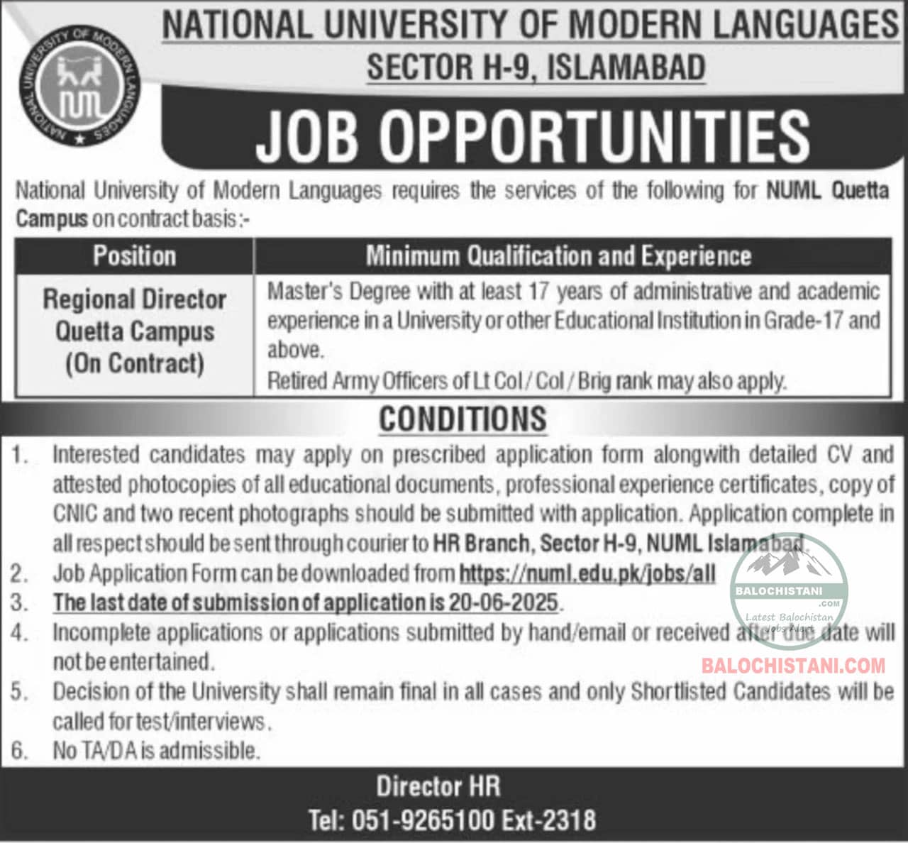 NUML University Quetta Jobs 2025 Advertisement