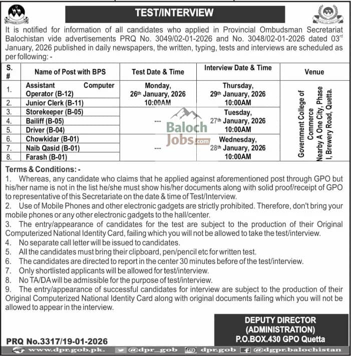 Provincial Ombudsman Secretariat Test Interview 2026 Official Advertisement 