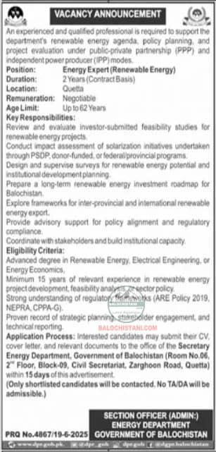 Energy Department Balochistan Jobs 2025 Advertisement