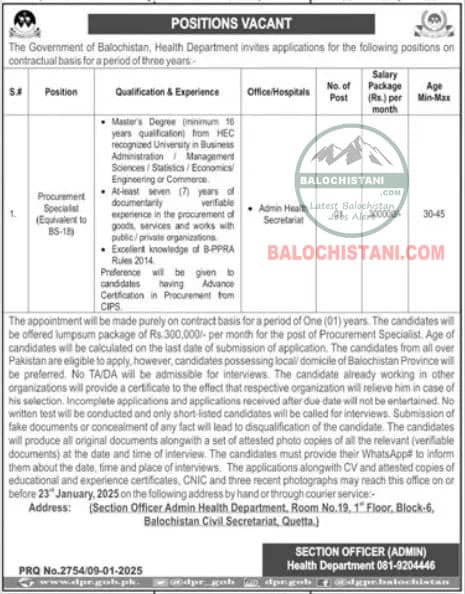Health Jobs in Balochistan 2025 Advertisement