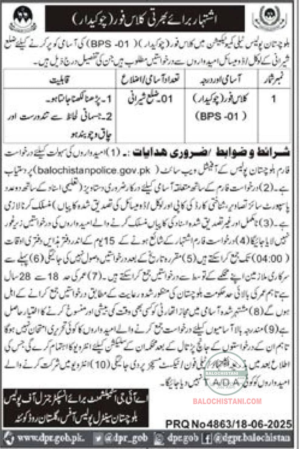 Tele Communication Balochistan Police Jobs 2025 Advertisement