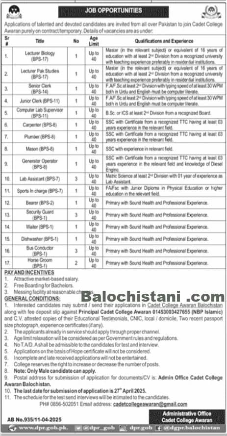 Cadet College Awaran Jobs 2025