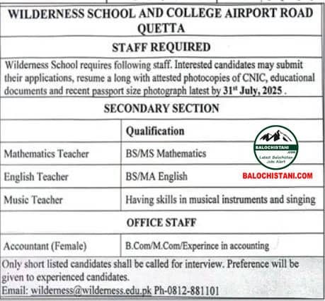 Wilderness School And College Quetta Jobs 2025 Advertisement