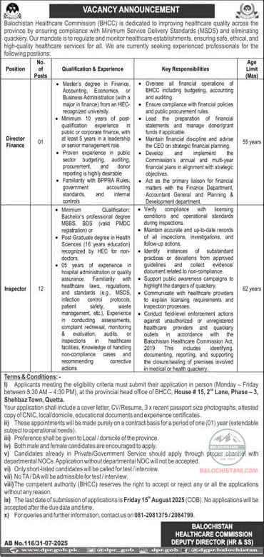 Balochistan Healthcare Commission Jobs 2025 Advertisement