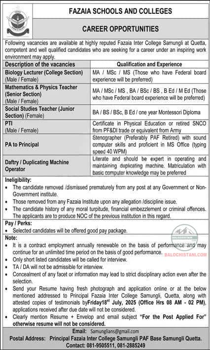 Fazaia School And College Jobs 2025 Advertisement