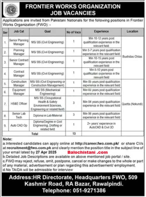 Frontier Works Organization FWO Jobs 2025