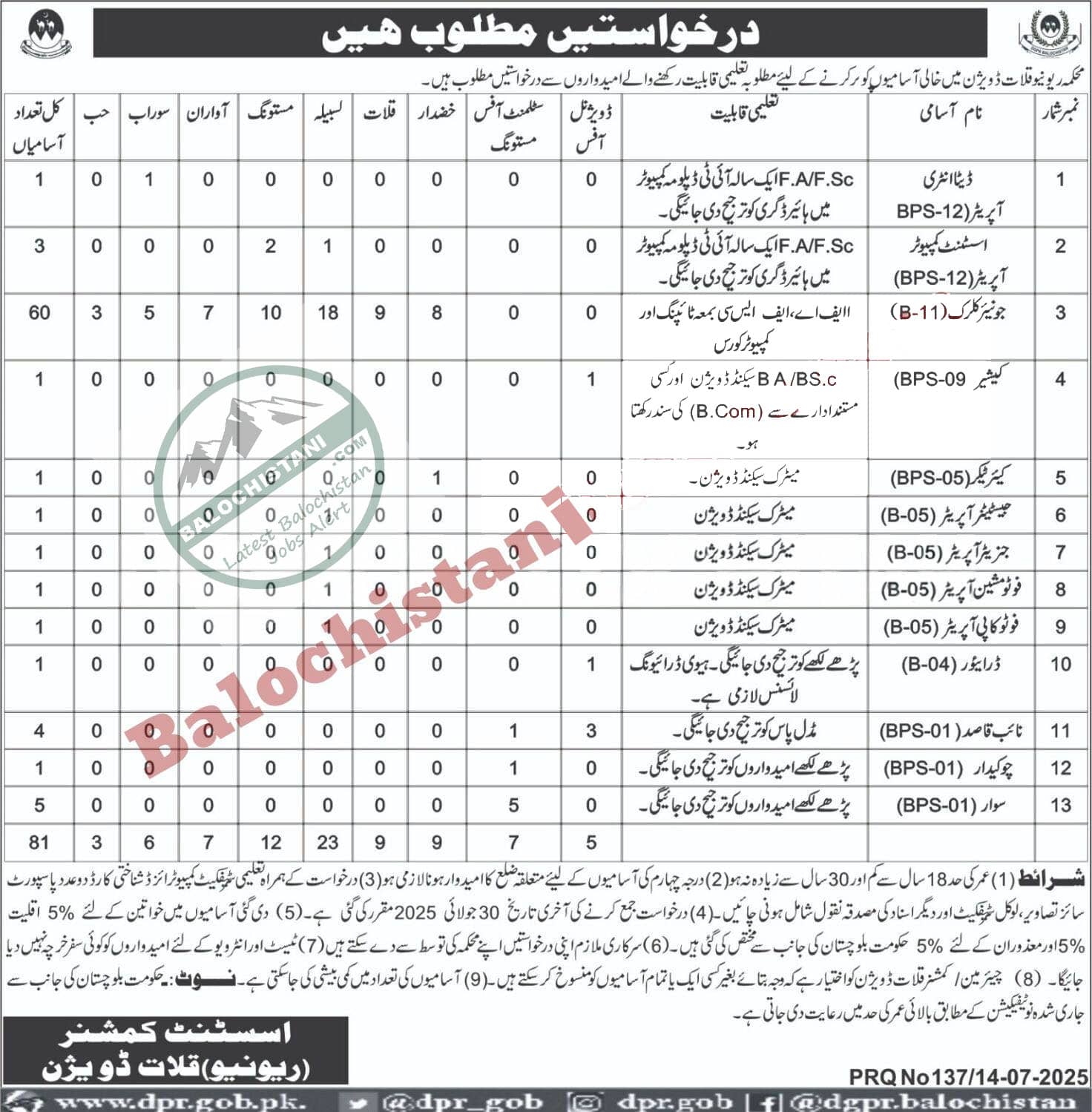 Revenue Department Balochistan Jobs 2025 Advertisement