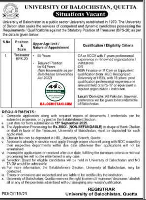 University of Balochistan UOB Jobs 2025 Advertisement