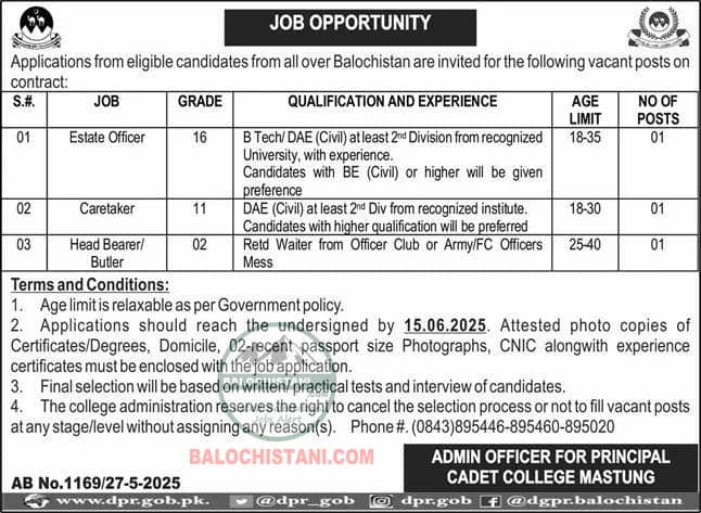 Cadet College Mastung Balochistan Jobs 2025