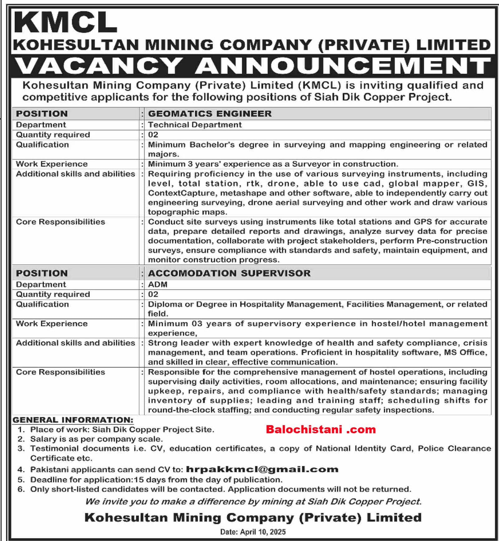 Koh e Sultan Mining Company Balochistan Jobs 2025