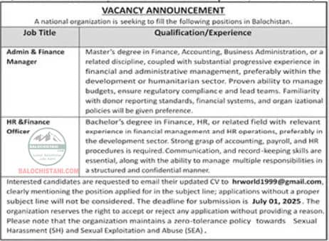 Latest NGO Jobs in Balochistan 2025 Advertisement