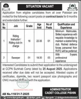 Cadet College Pishin Balochistan Jobs 2025 Advertisement