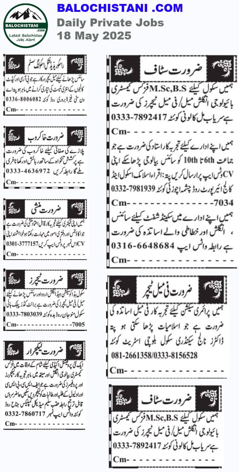 Daily Private Jobs in Quetta Advertisement 18 May 2025