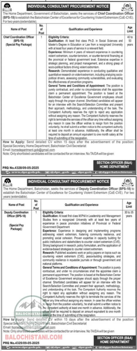 Home Department Balochistan Jobs 2025