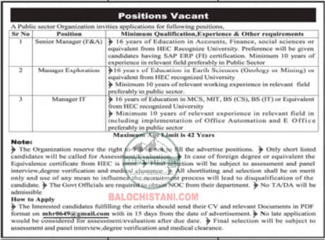 Public Sector Organization Quetta Jobs 2025