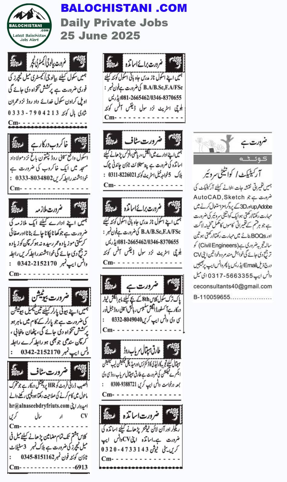 Daily Jobs Quetta 2025 Advertisement