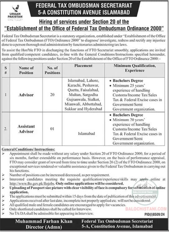Federal Tax Ombudsman Secretariat Islamabad Jobs 2025 Advertisement