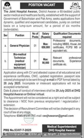 Joint Hospital Awaran Jobs 2025 Advertisement