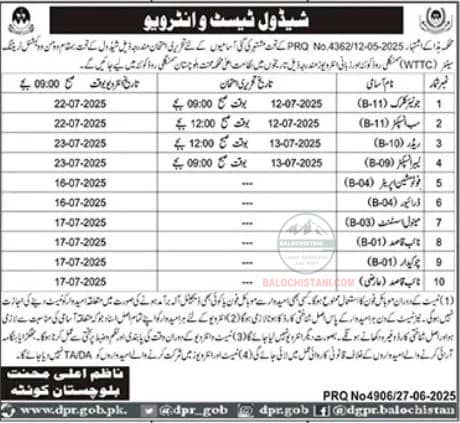 Labour Department Balochistan Test Interview 2025 Advertisement