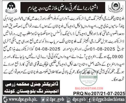 Agriculture Engineering Department Balochistan Jobs 2025 Advertisement