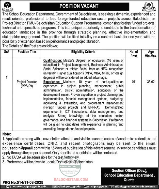 Education Department Quetta Jobs 2025 Advertisement