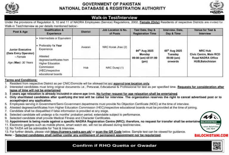 NADRA Jobs Balochistan 2025 Advertisement