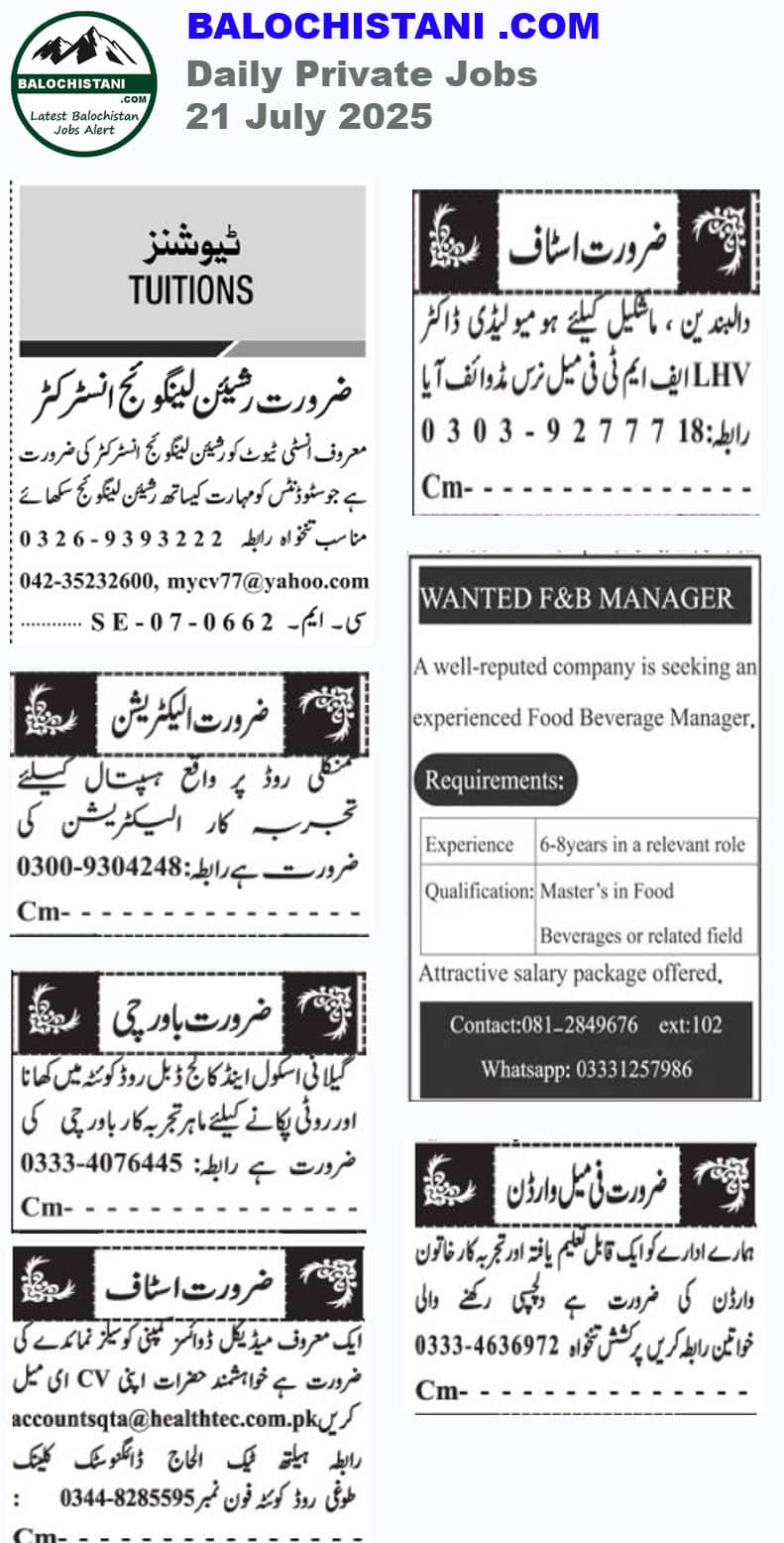 Quetta Daily Jobs 2025