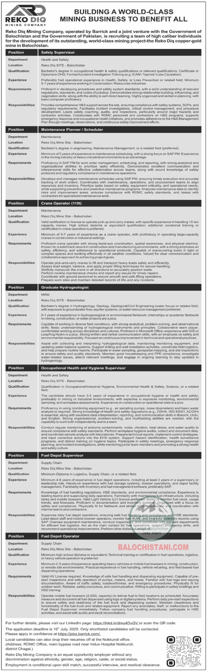 Reko Diq Jobs Online Apply 2025 Advertisement
