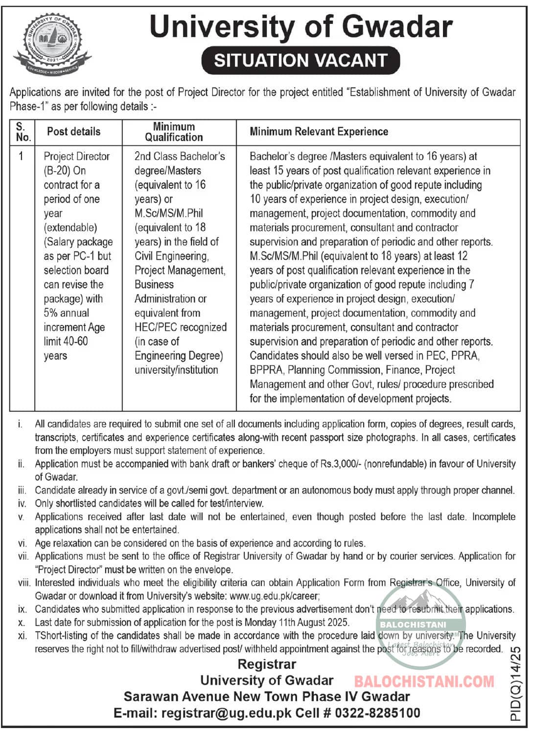 University of Gwadar Jobs 2025 Advertisement