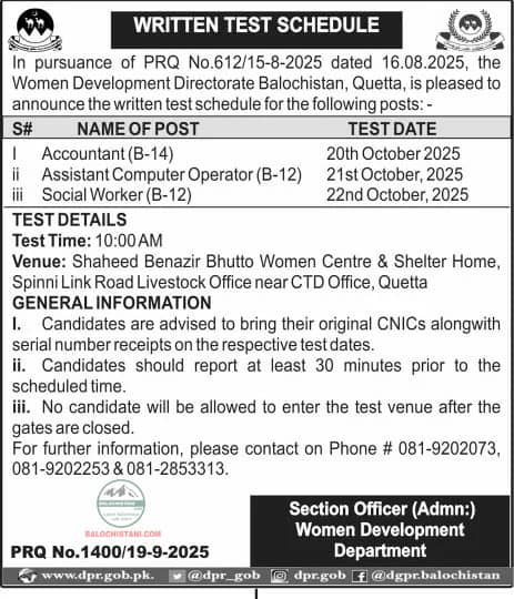 Women Development Dept Balochistan Test Interview 2025 Advertisement