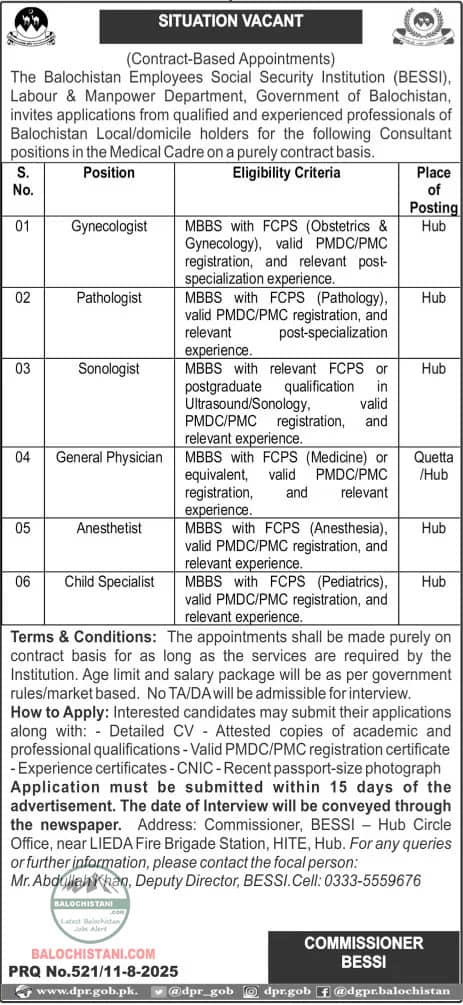 Balochistan Employees Social Security Institution Jobs 2025 Advertisement